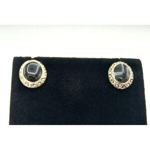 Vintage Pair Black and Silver Tone Oval Stud Earrings Backs 1/2 In Long Jewelry